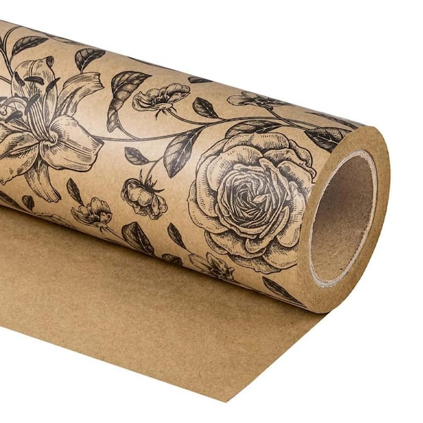 Kraft Floral Wrapping Paper Roll 17 in. x 33 ft. Vintage Black Floral Design for Birthday Bridal Shower Wedding