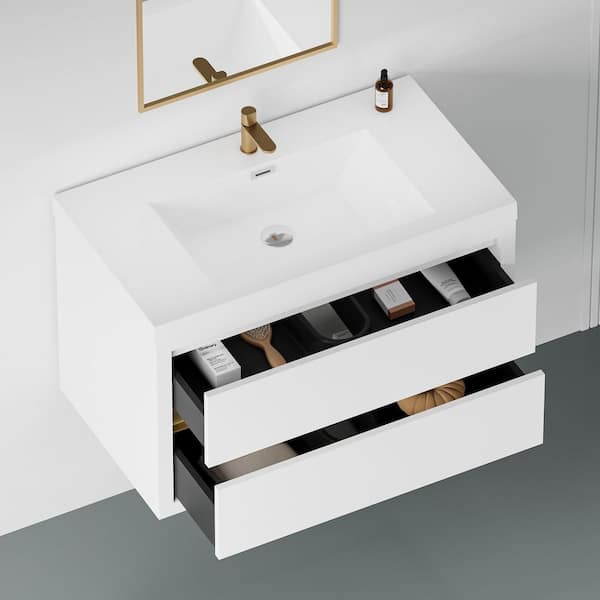 36 in. Single Sink Floating White Bath Vanity with White Resin Top (Assembled), Stone Resin Countertop, Water-Resistant