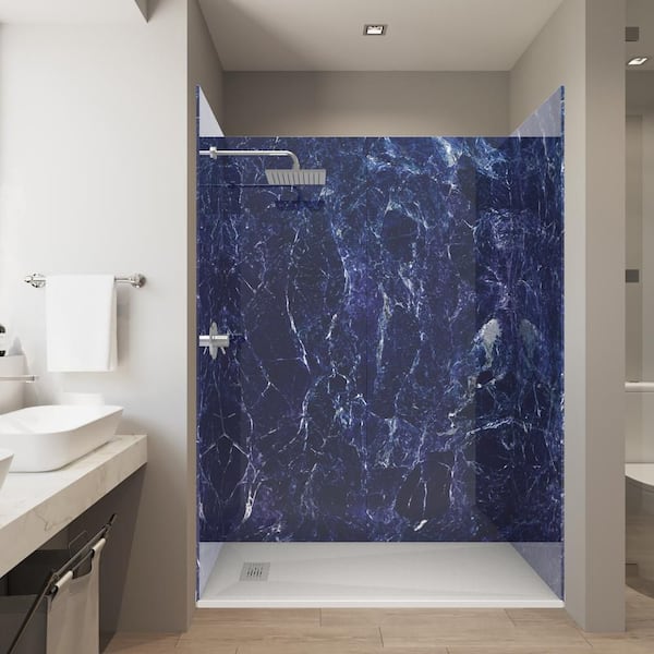 CASTICO Blue Empress 32 in. x 60 in. x 84 in. Solid Composite Stone Alcove Shower Kit with Walls and White Pan Base L/R Drain