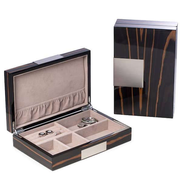 9.75 in. D x 2.5 in. H x 6.25 in. W Wood Jewelry Chest in Ebony Burl Wood