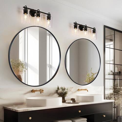 Modern Black Bathroom Vanity Light with Cylinder Clear Glass Shades 22 in. 3-Light Minimalist Powder Room Wall Sconce Home