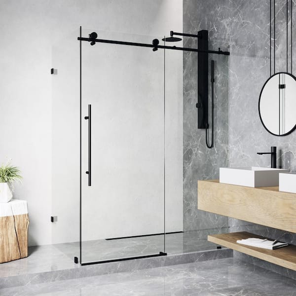 VIGO Elan E-Class 35 in. L x 46 in. W x 76 in. H Frameless Sliding Shower Enclosure in Matte Black with Clear Glass
