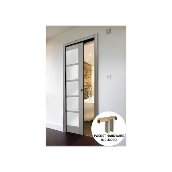 32 in. x 84 in. Single Panel Gray Finished Solid MDF Sliding Door with Pocket Hardware