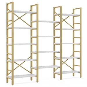 Earlimart 70.9 in. White Gold Wood Triple Wide 5-Tier Bookcase, Industrial Etagere Large Open Bookshelf for Display