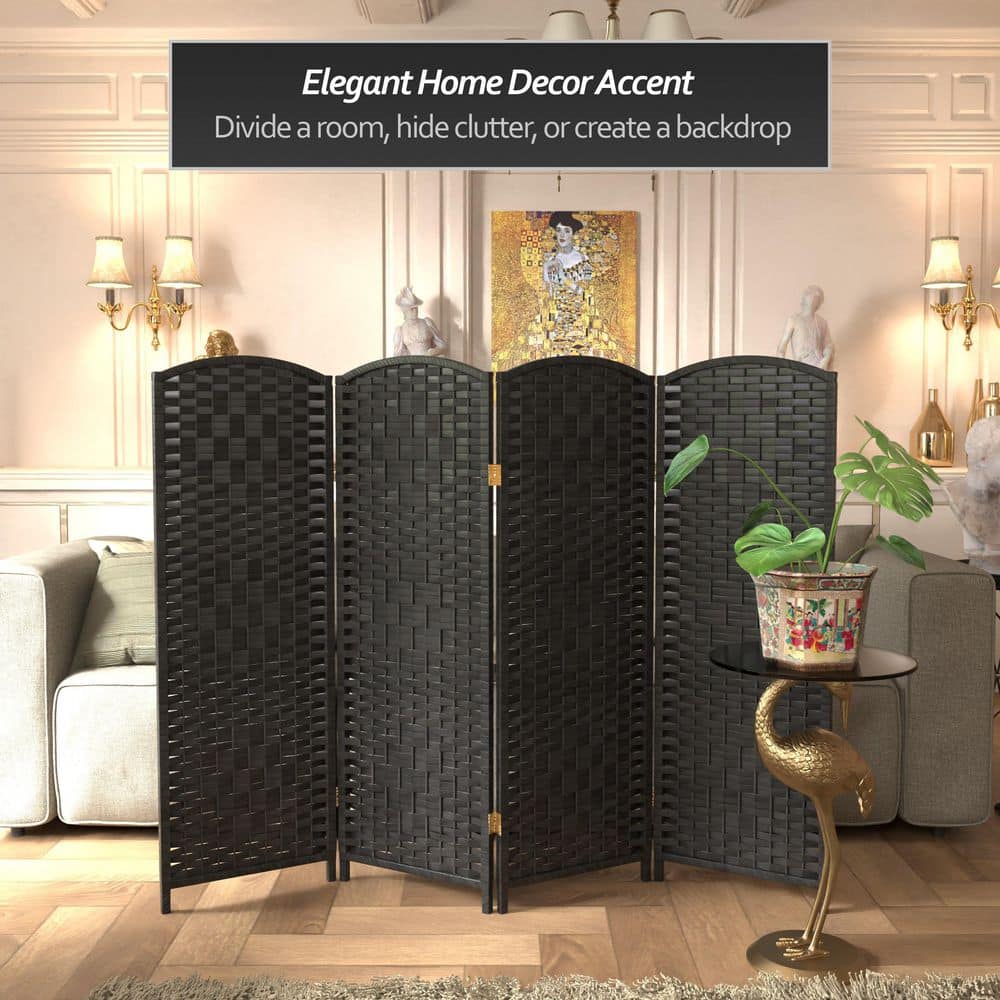 4 Ft Tall Black Woven Plant Fiber Folding Screen with 4 Panels