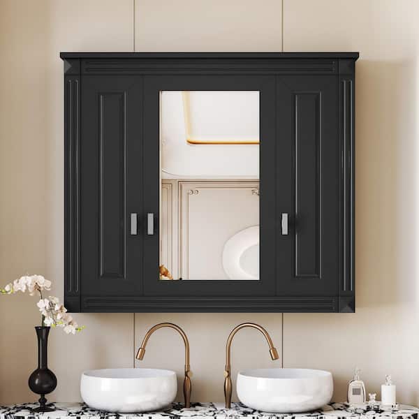 35 in. W x 28 in. H Rectangular MDF Medicine Cabinet with Mirror, Soft-Closing Hinges, 8 Shelves, Black