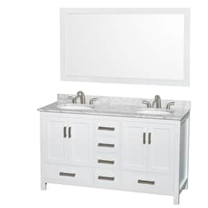 Sheffield 60 in. W x 22 in. D x 35 in. H Double Bath Vanity in White with White Carrara Marble Top and 58" Mirror
