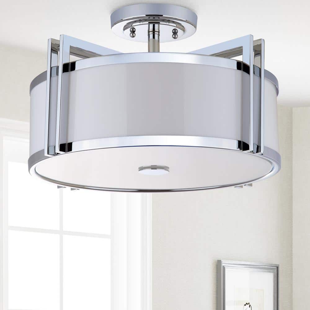 Contemporary Chrome 17'' Drum Ceiling Light with Cream Shade