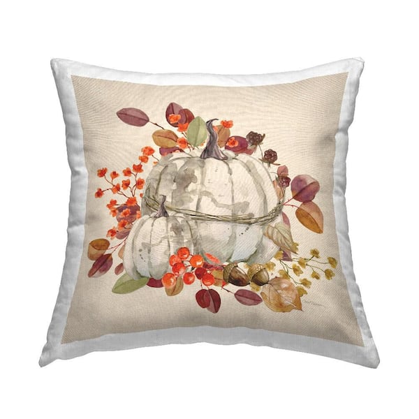 Stupell Industries Harvest Leaves Pumpkins Beige Floral Polyester 18 in. X 18in. Throw Pillow