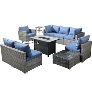 Sanibel Gray 10-Piece Wicker Patio Conversation Sofa Set with a Swivel Chair, a Metal Fire Pit and Denim Blue Cushions