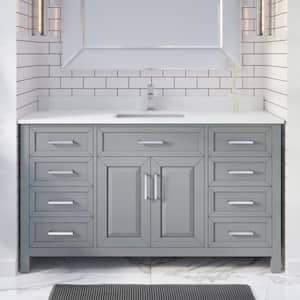 Terrence 60 in. W x 22 in. D Bath Vanity in Gray ENGRD Stone Vanity Top in White with White Basin Power Bar-Organizer