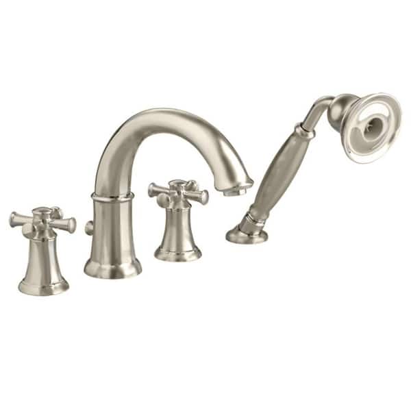 American Standard Portsmouth 2-Handle Deck-Mount Roman Tub Faucet with Personal Shower, Cross Handles in Brushed Nickel