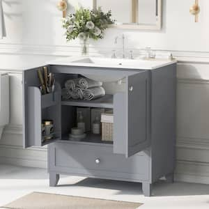 30 in. W x 18 in. D x 33.8 in. H Single Sink Freestanding Bath Vanity in Blue-Gray with White Ceramic Sink Top