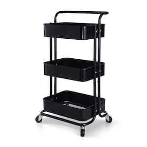 3-Tier 11 in. W Metal Rolling Utility Kitchen Cartwheels and Handle in Black