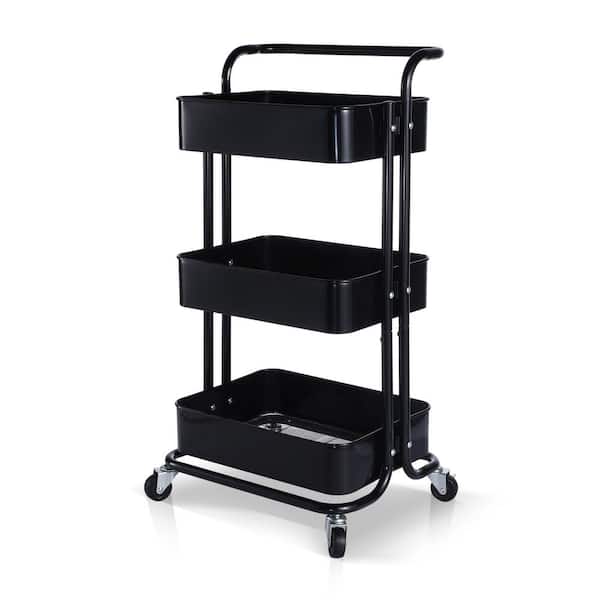 Flynama 3-Tier 11 in. W Metal Rolling Utility Kitchen Cart with Wheels and Handle in Black