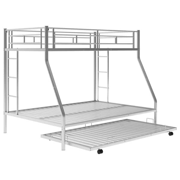 ANBAZAR Silver Steel Frame Twin Over Full Bunk Bed, Two-Side Ladders, with Twin Size Trundle