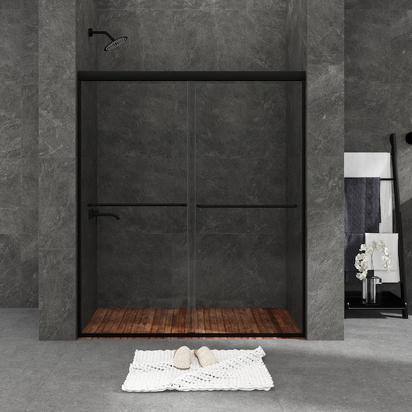 JimsMaison 60 in. W x 70 in. H Double Sliding Framed Shower Door in Matte Black Finish Clear Tempered Glass
