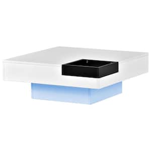 31.5 in. Minimalist Design Square Coffee Table with Detachable Tray and Plug-in 16-color LED Strip Lights -White