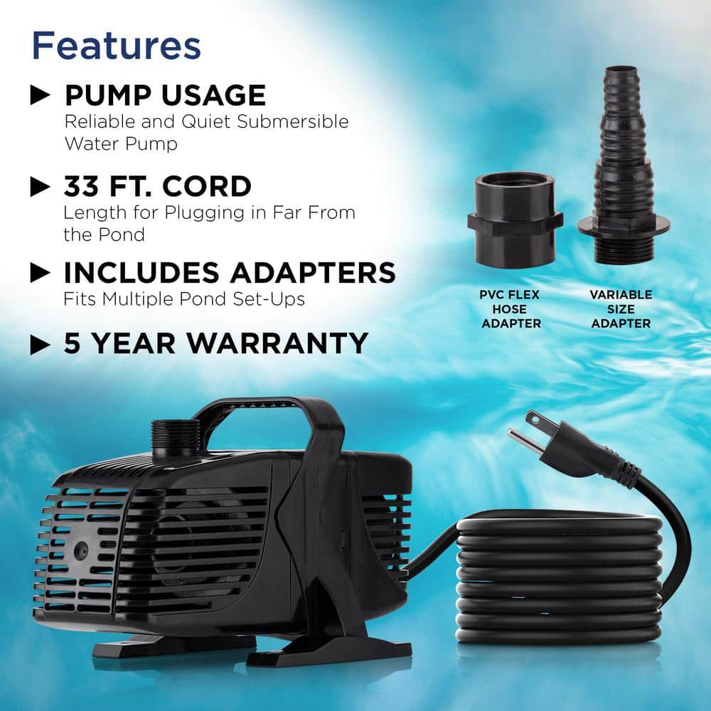 Black Submersible Water Pump with 33' Cord for Fountains & Ponds