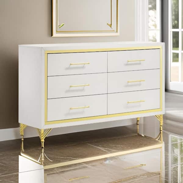 Benjara White and Gold 6 Drawer 58.5 in. Dresser Without Mirror