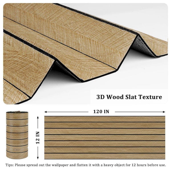 Brown Wood Slat Wall Panel 120 x 12 in. Self Adhesive 3D Textured