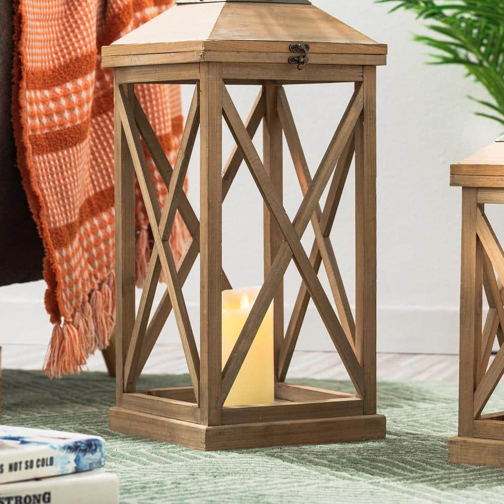Rustic Firwood Dual-Candle Hanging Lantern, Distressed Brown