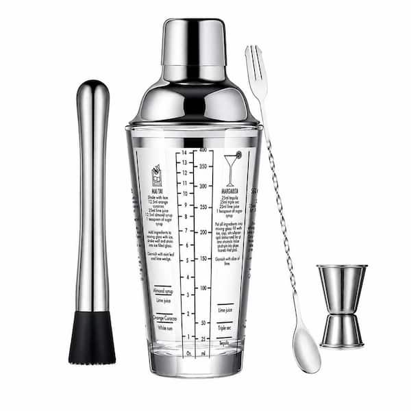 Glass 22 oz. Cocktail Shaker Set with Stainless Steel Leak-Proof Lid, Jigger and Mixing Bar Tools