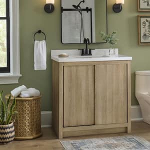 Whitsail 37 in. W x 19.5 in. D x 35.38 in. H Single Sink Bath Vanity in Weathered Tan with White Engineered Stone Top