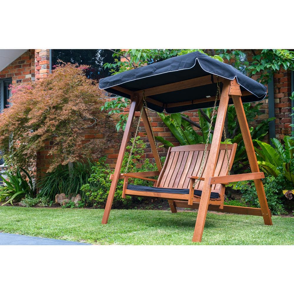 Avoca Brown Shorea Wood 2 Seat Porch Swing with Black Canopy