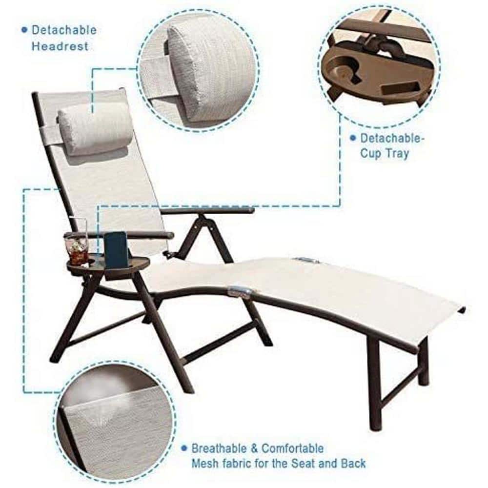 Beige Aluminum Adjustable Outdoor Chaise Lounge with Drink Holder