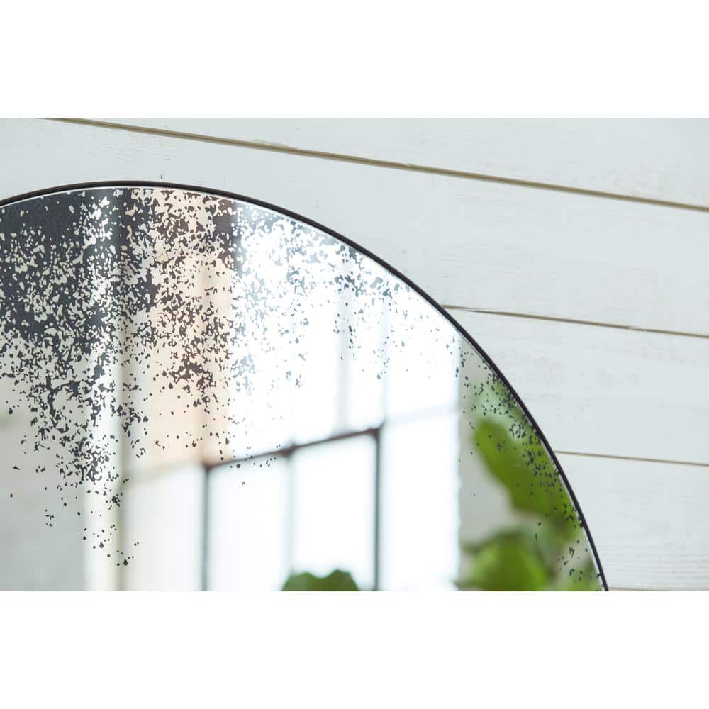 Kali Contemporary Black Round Accent Mirror with Distressed Glass