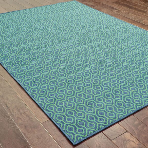 Waves Navy Green 2 ft. x 8 ft. Indoor/Outdoor Patio Runner Rug