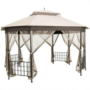 10 ft. x 12 ft. Beige Octagonal Patio Gazebo Double Top Pop-Up Gazebo Tent with Mosquito Net and Metal Frame