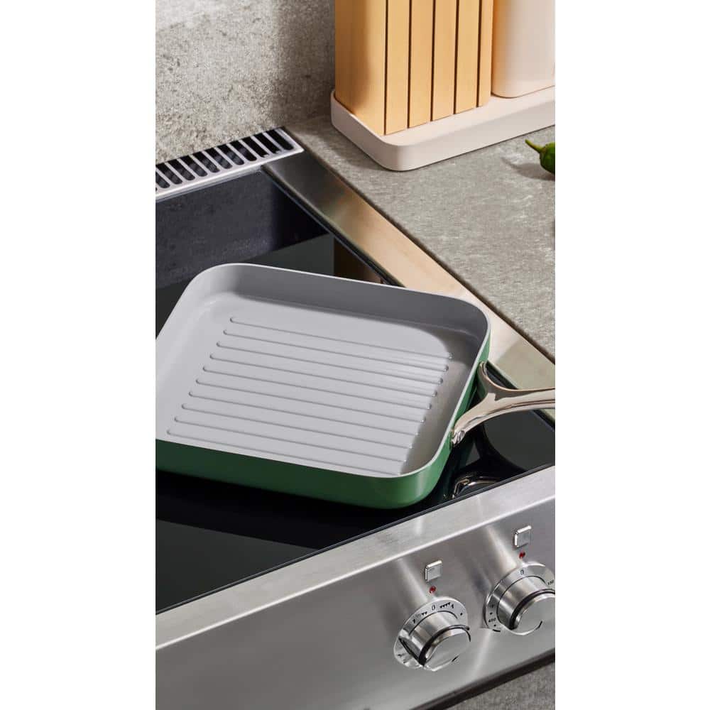 Cream Ceramic Nonstick 11" Square Grill Pan with Stainless Steel Handle