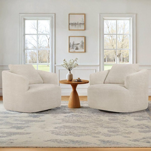 Light Champagne Chenille Fabric Upholstered 360° Swivel Barrel Arm Chair Metal Base Swivel Accent Chair (Set of 2)