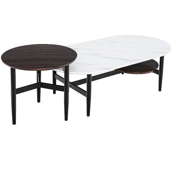 Costway 43.5 in. White Half-Oval Wood Modern Coffee Table (Set of 2) W/Faux Coffee Table and Nesting Table