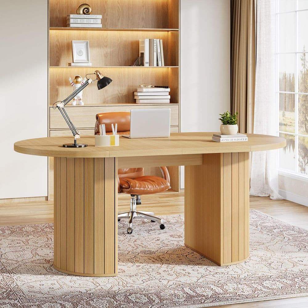 Capen 63 in. Oak Rectangle Wood Executive Desk, Modern Computer Desk for Home Office