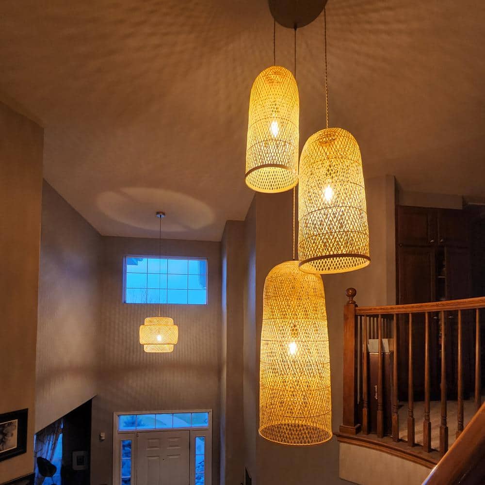Tan Bamboo and Rattan 3-Light Pendant with Handwoven Shades