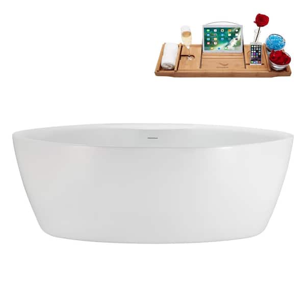 Streamline 67 in. x 35 in. Acrylic Freestanding Soaking Bathtub in Glossy White with Polished Gold Drain, Bamboo Tray