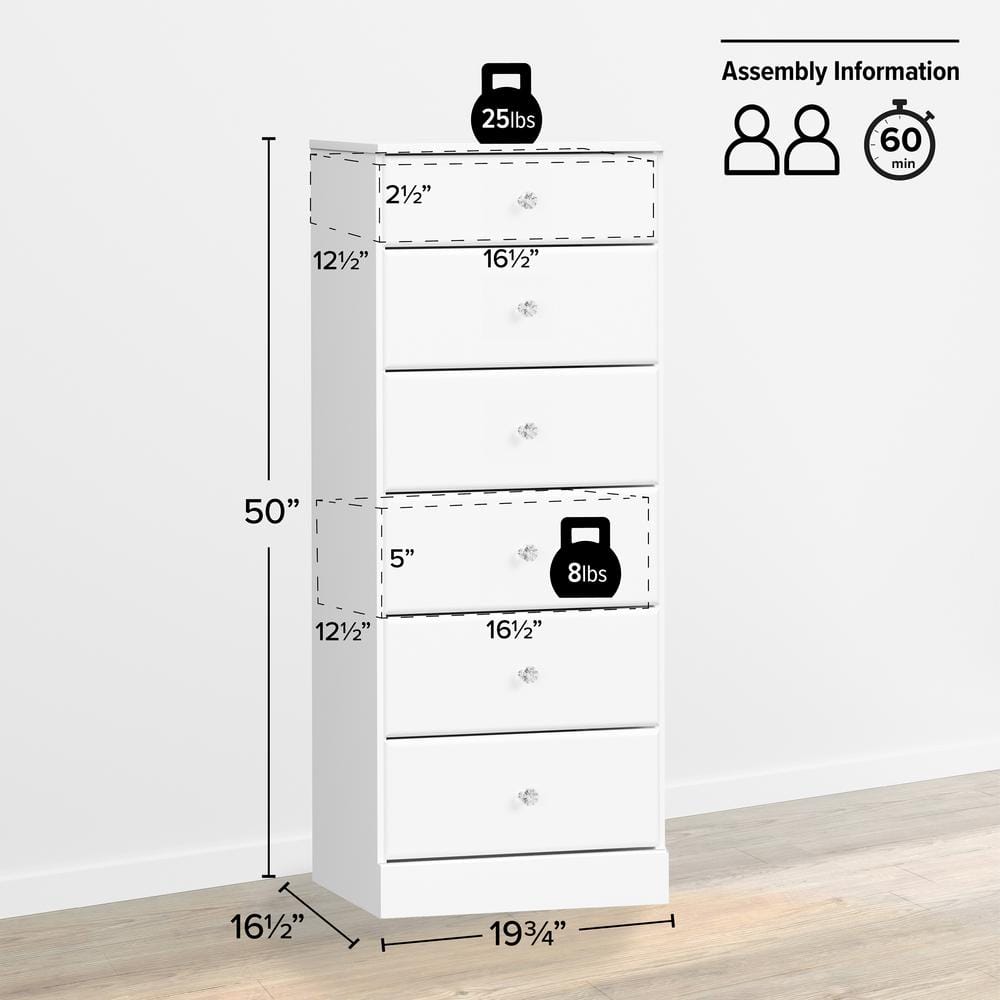Astrid Crystal White 6-Drawer Contemporary Tall Chest