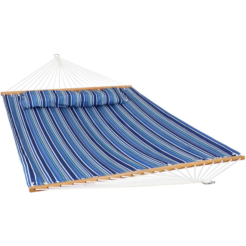 Blue Quilted Polyester 2-Person Spreader Bar Hammock with Pillow