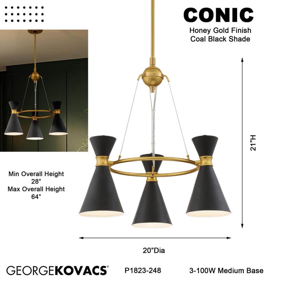 Honey Gold and Black 3-Light Mini Chandelier with Steel Shades