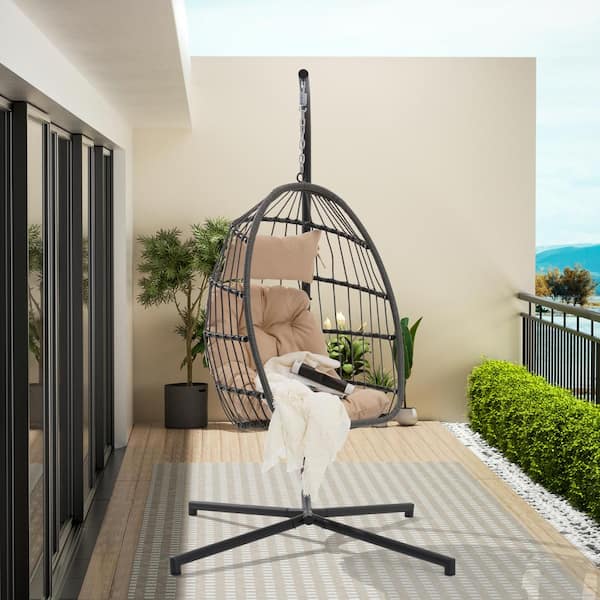 Unbranded Outdoor Garden Rattan and Metal Egg Swing Chair Hanging Chair With Khaki Cushion