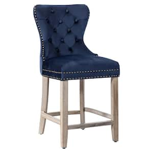 Harper 24in. High Back Nail Head Trim Button Tufted Navy Blue Velvet Counter Stool with Solid Wood Frame in Antique Gray