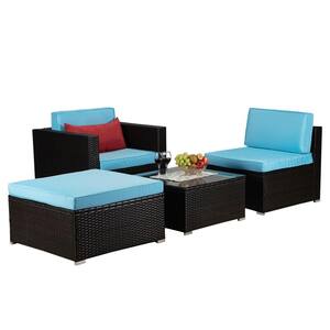 4-Piece PE Rattan Wicker Outdoor Couch Set with Blue Cushions