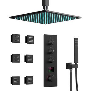 Smart LED And Temp with Valve 7-Spray Ceiling Mount 12 in. Fixed and Handheld Shower Head 2.5 GPM in Matte Black