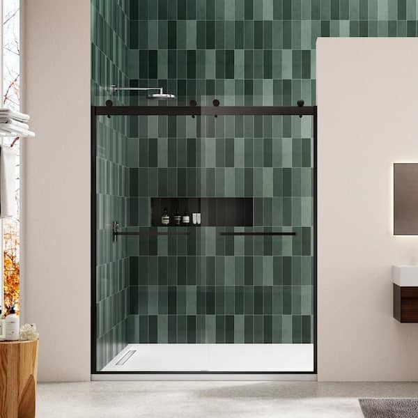Boosicavelly 60 in. W x 74 in. H Double Sliding Semi-Frameless Shower Door in Matte Black Finish with Tempered Glass