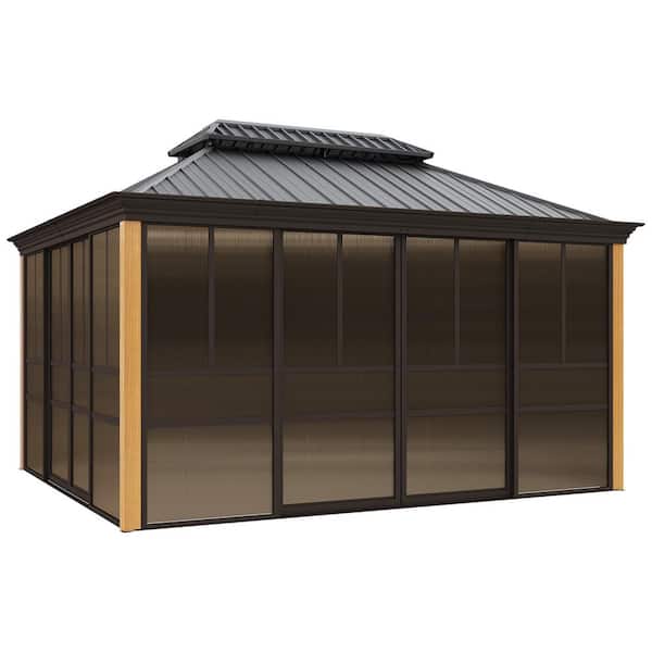 HOMMOW 12 ft. x 14 ft. Sunroom Hardtop Gazebo, Double Galvanized Steel Roof Aluminum Solarium with Sliding Doors and PE Screen