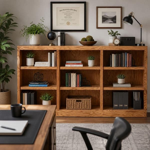36 in. Dry Oak Wood 9-shelf Standard Bookcase with Adjustable Shelves