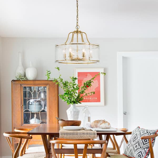 6 Light Brushed Gold Modern Drum Chandelier Light Fixture with Hammer Glass Shade for Dining Room with No Bulbs Included